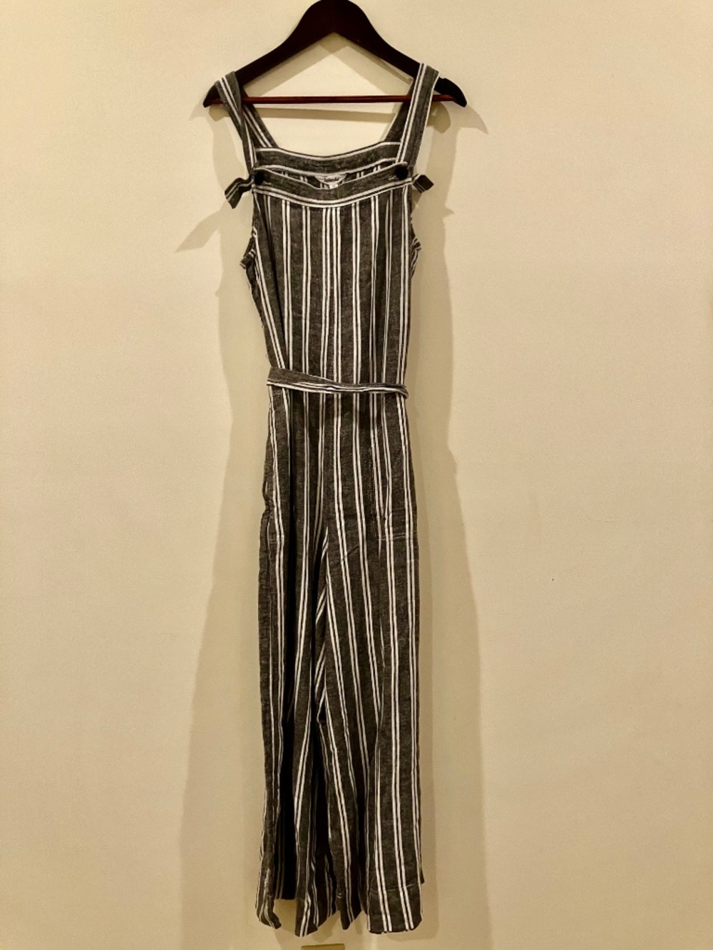 Splendid Yarn Dye Stripe Linen Overall Jumpsuit in Natural & Navy / Gray